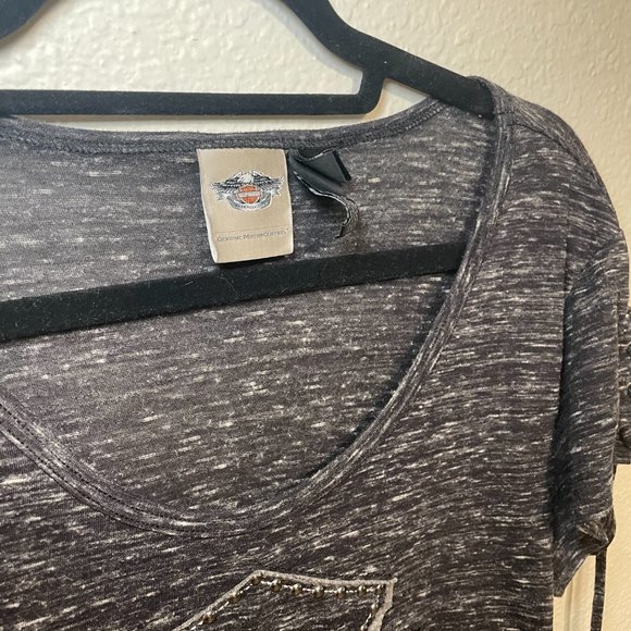 Harley Davidson Heather Grey Blouse with Tie Sleeves and Button Logo Details - Picture 5 of 10